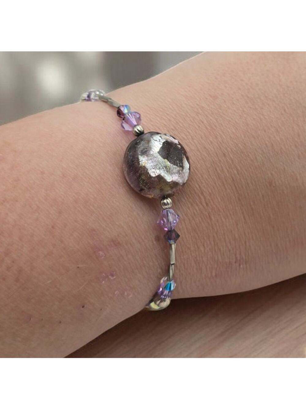 Purple Crystal & Metallic Glass Beaded Bracelet Silver Accent – Modern Romantic